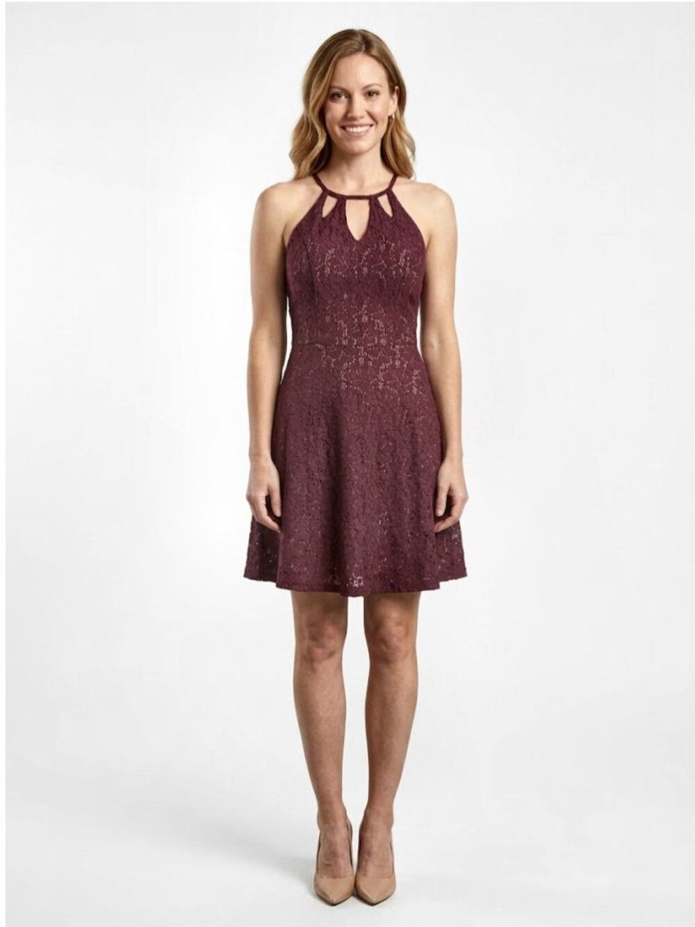 Love, Fire Lace Halter Skater Dress Keyhole Cutout, Burgundy, Womens Size Small